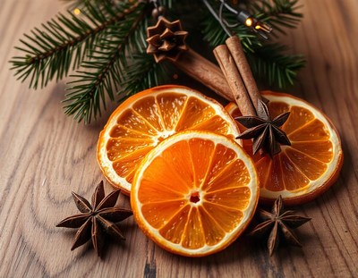 Dried oranges, cinnamon, and star anise on wood