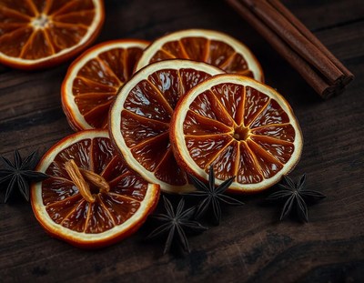 Dried orange slices and spices on a wooden table