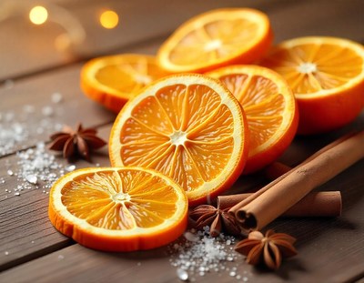 Dried orange slices and cinnamon sticks on a wooden table