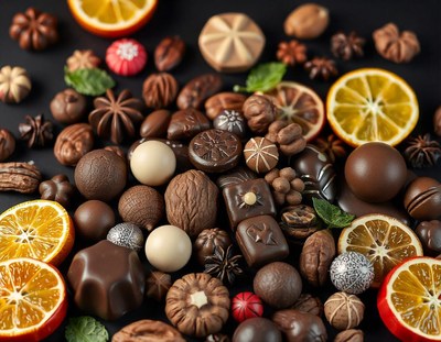 Chocolate, orange, and nuts on a black background