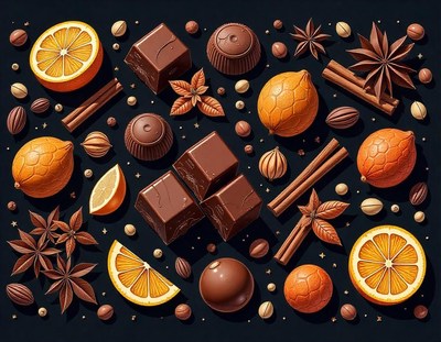 Chocolate, citrus, and spices on dark surface