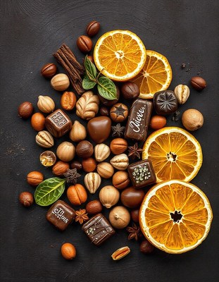 Orange slices and chocolates on a dark surface