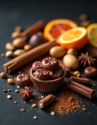 Chocolate candies, cinnamon sticks, and orange slices