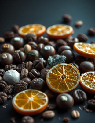 Orange slices and chocolates lay on a dark surface