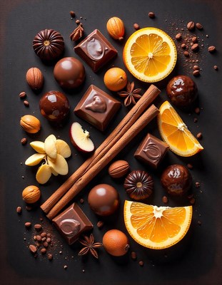 Dark chocolate, orange, and cinnamon on black