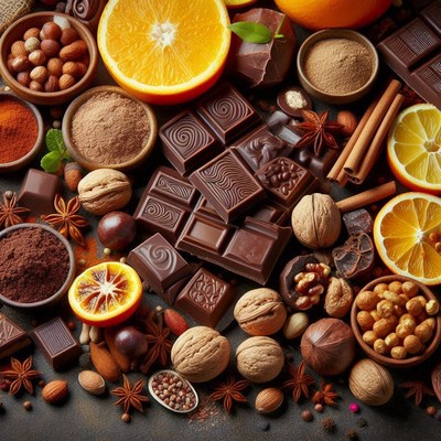 A close-up of dark chocolate, oranges, nuts, and spices