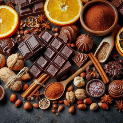 Chocolate, nuts, and spices are arranged on a dark surface