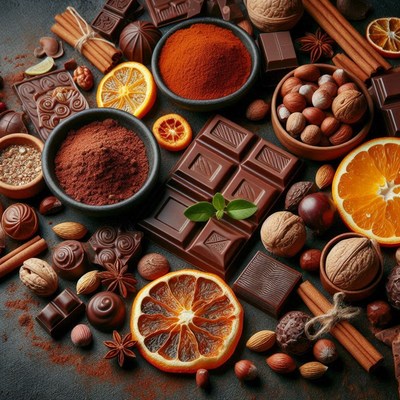 Chocolate bars, spices, and dried oranges close-up