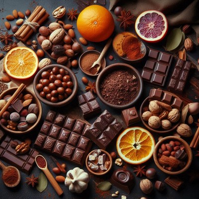 A variety of chocolate treats with nuts and spices