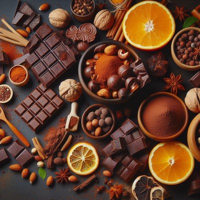 Chocolate, spices, and oranges on a table