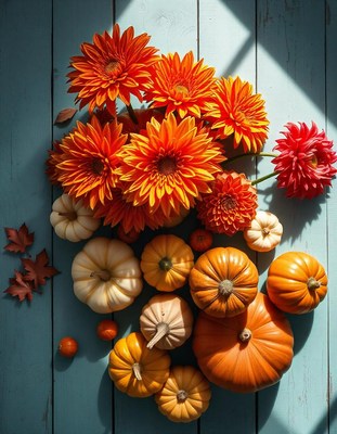 Pumpkins and flowers on a blue wooden surface