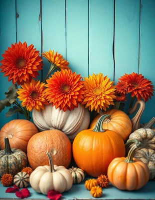 Pumpkins and flowers on a blue wooden background