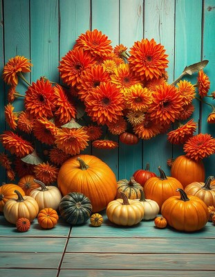 Pumpkins are in front of a blue wall with flowers