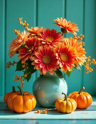 Orange flowers in a blue vase by pumpkins