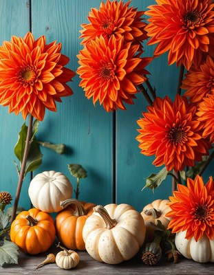 Orange dahlias and pumpkins sit on a wooden table