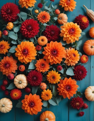 Orange and red dahlias and pumpkins on a blue background
