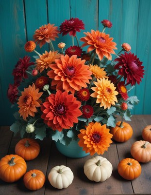 Orange and red dahlias in a blue vase with pumpkins