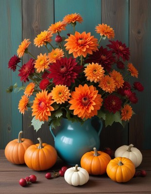 Blue vase with orange and red flowers on table