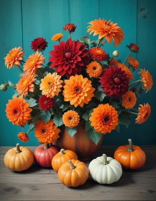 Vase of orange and red flowers with pumpkins on wood
