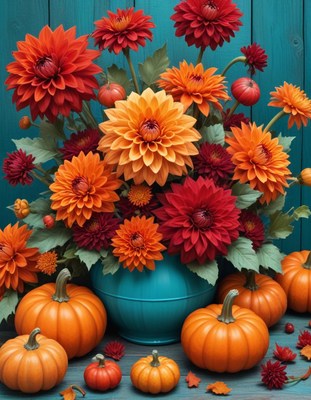 Fall flowers and pumpkins on a blue background