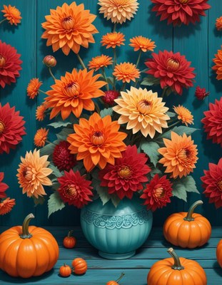 Fall bouquet in blue vase on teal table with pumpkins