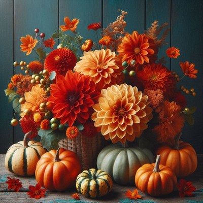 Colorful autumn flowers in a basket by pumpkins