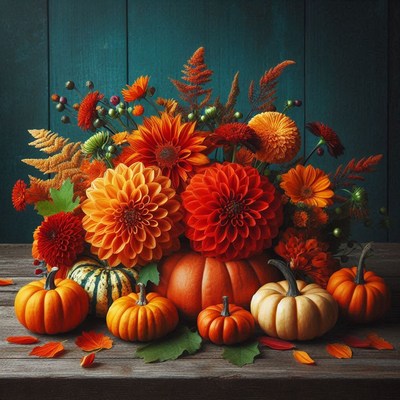 A fall still life featuring pumpkins and dahlias