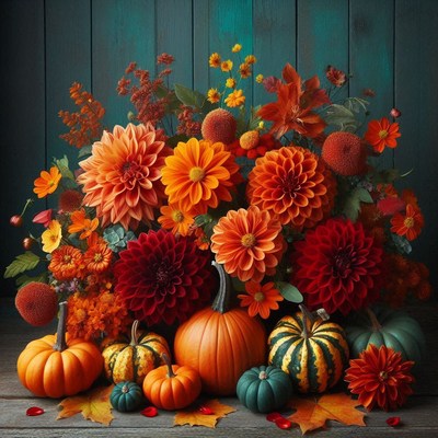 Autumn flowers and pumpkins on a wooden table