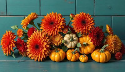 Orange and red flowers with pumpkins on teal