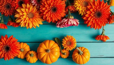 Orange flowers and pumpkins on a blue wooden surface