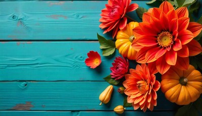 Orange flowers and pumpkins on blue wood