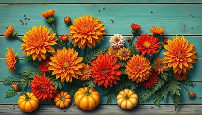 Orange and white flowers on a teal wooden surface