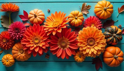 Fall flowers and pumpkins on a blue table
