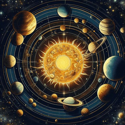 Illustration of the solar system with the sun central