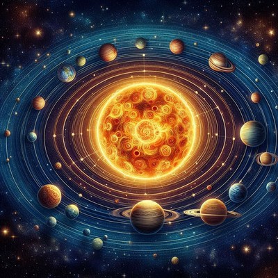 A glowing star and its planets in a starry night sky