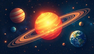 A fiery planet with rings orbits in dark space