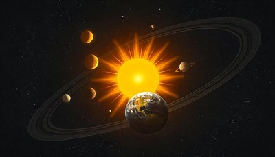 The sun shines brightly in the center of a solar system