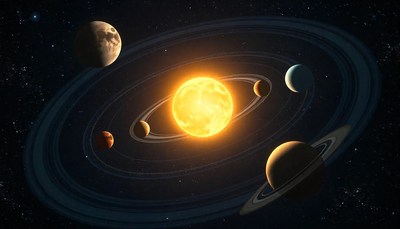 A glowing star surrounded by planets in a dark, starry space