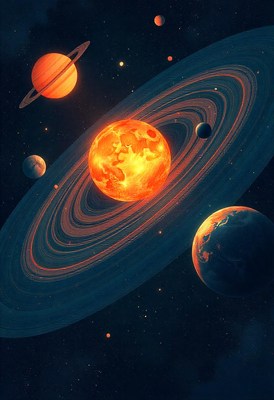A fiery sun with rings in space