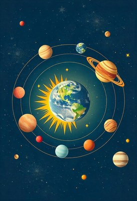Stylized earth, sun, and orbiting planets illustration
