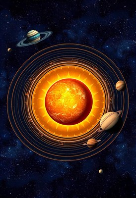 A glowing sun with orbiting planets in a starry sky