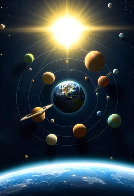 A bright sun shines on a vibrant solar system