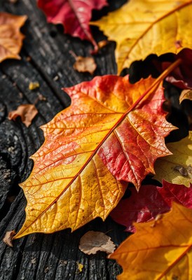 A colorful leaf on a dark wooden surface