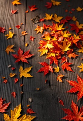 Red and yellow leaves on a wooden surface