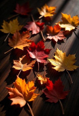 Colorful autumn leaves scattered on a wooden surface