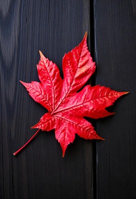 A single red maple leaf rests on a black wooden surface