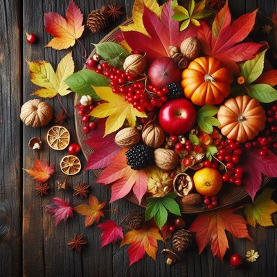 Fall foliage, fruit, and nuts arranged on a wooden surface