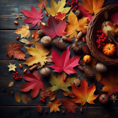 Autumn leaves and gourds on a wooden table