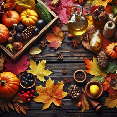 Fall foliage and pumpkins on a wooden table