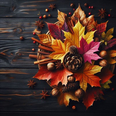 Autumn leaves and pine cones on a wooden table